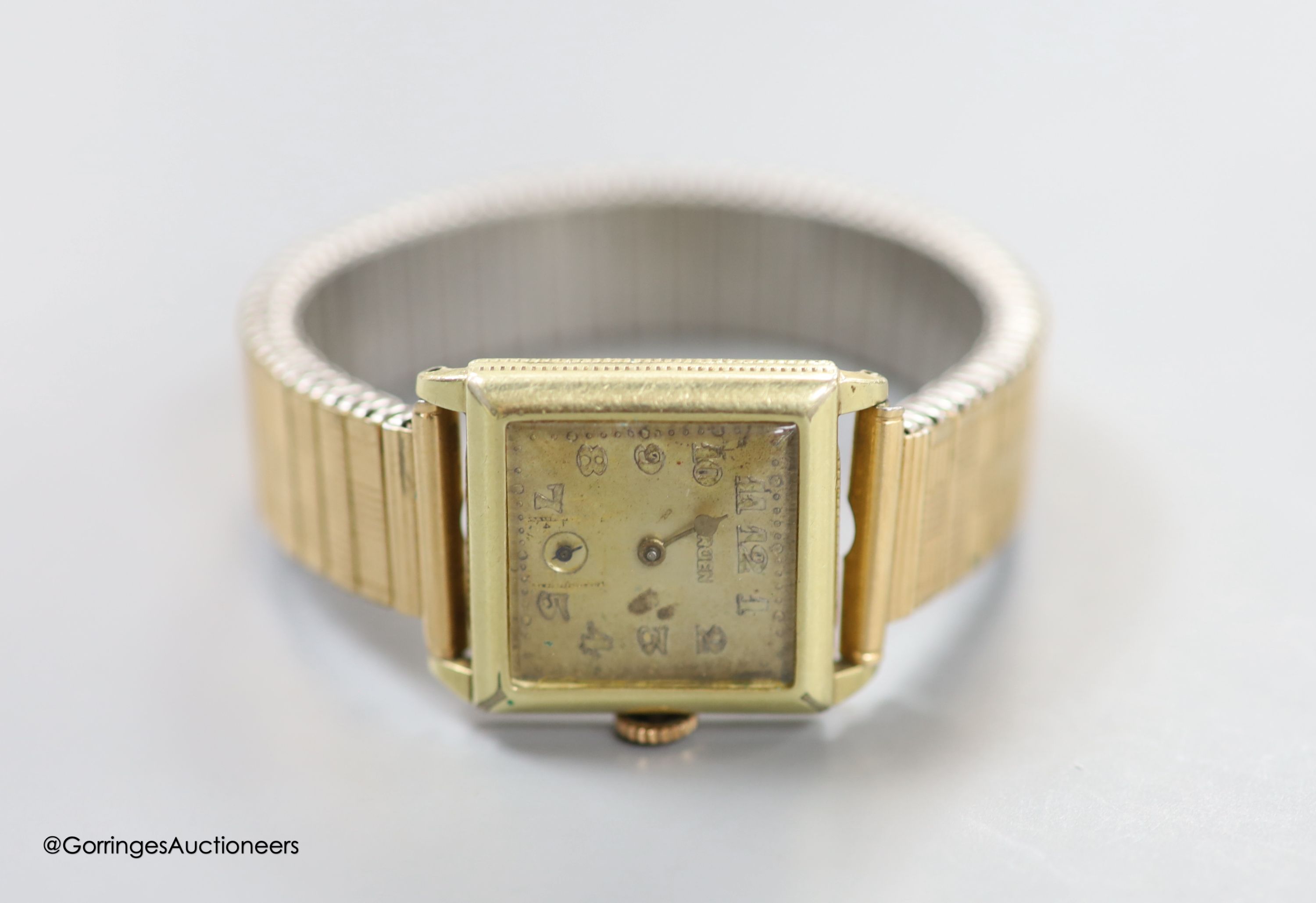 A gentleman's gold filled Gruen manual wind wrist watch, on associated flexible bracelet.